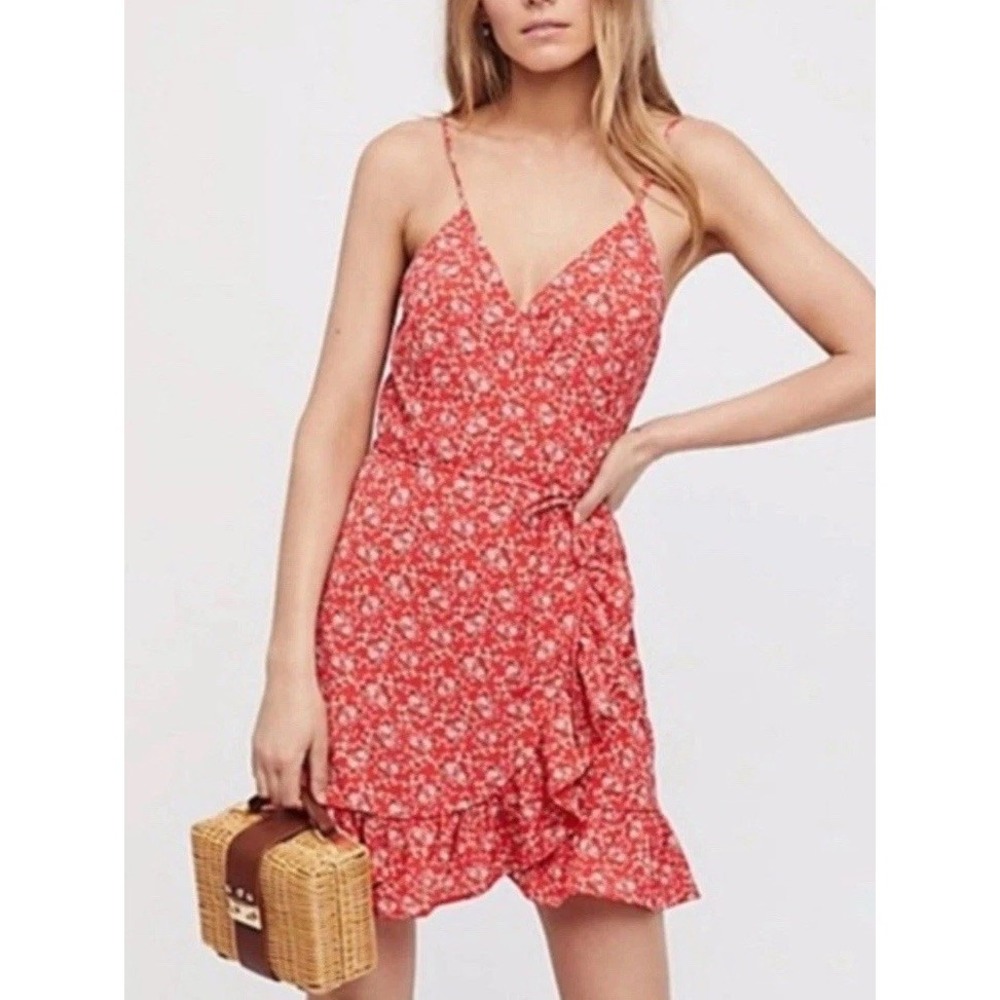 Free People All My Love Wrap Mini Dress Red Floral Size Medium Boho Garden Party